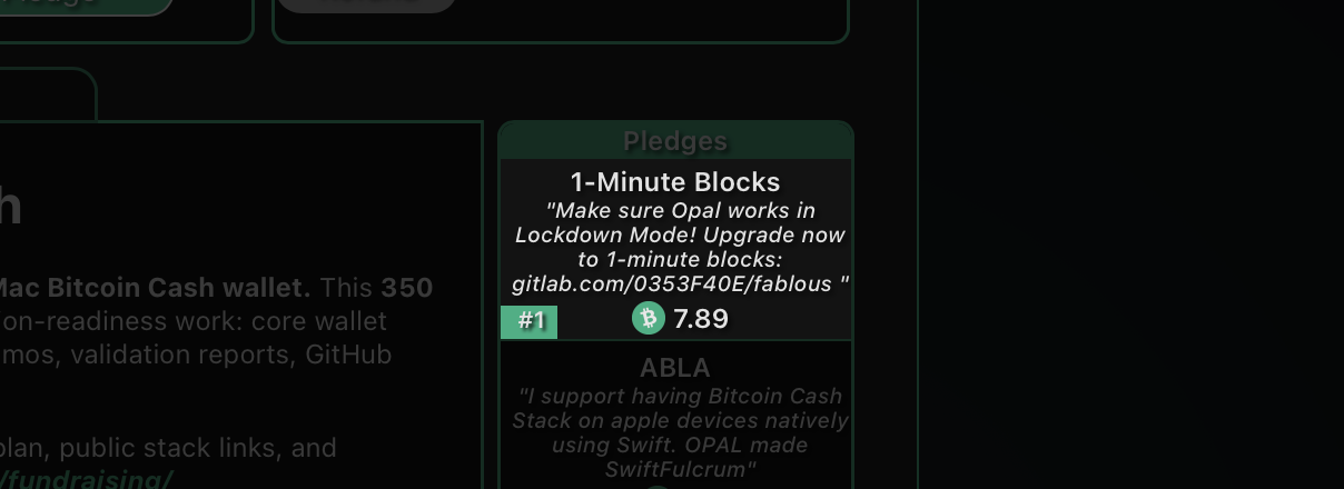 FundMe.cash pledge note asking Opal Wallet to work in Lockdown Mode.