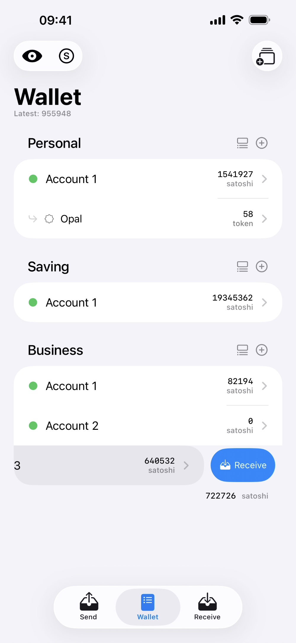 Opal Wallet account row swiped toward Receive on iPhone