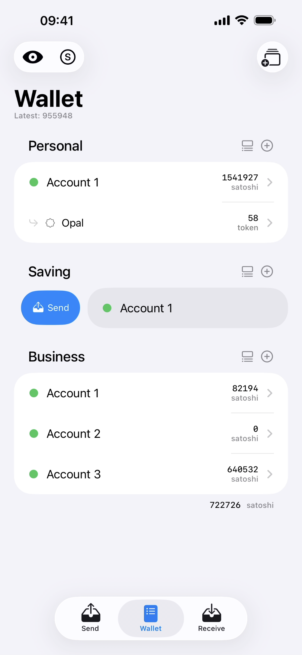 Opal Wallet account swipe send action on iPhone
