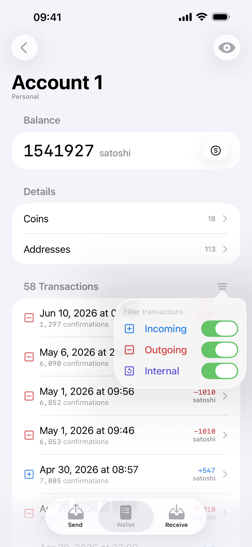 Opal Wallet transaction filter on iPhone
