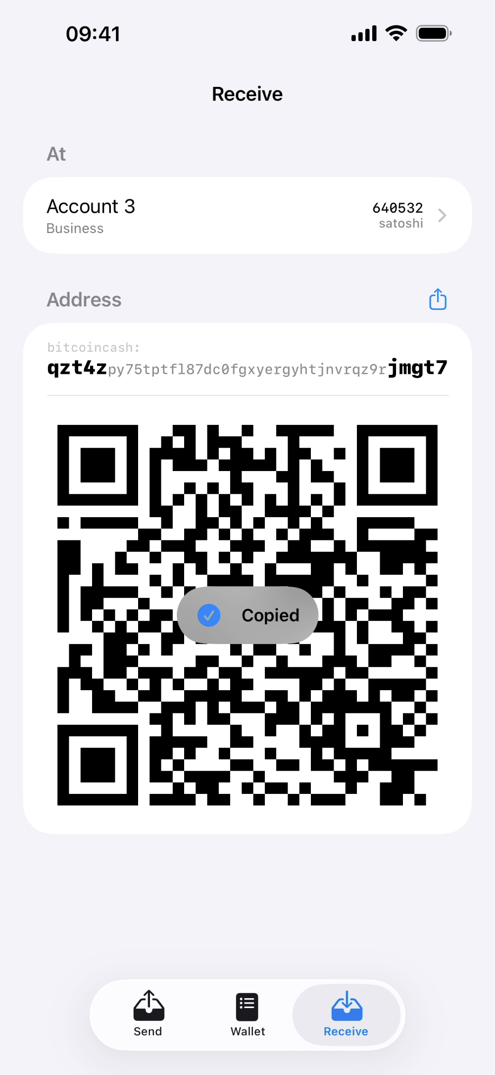 Opal Wallet copied receive address feedback on iPhone