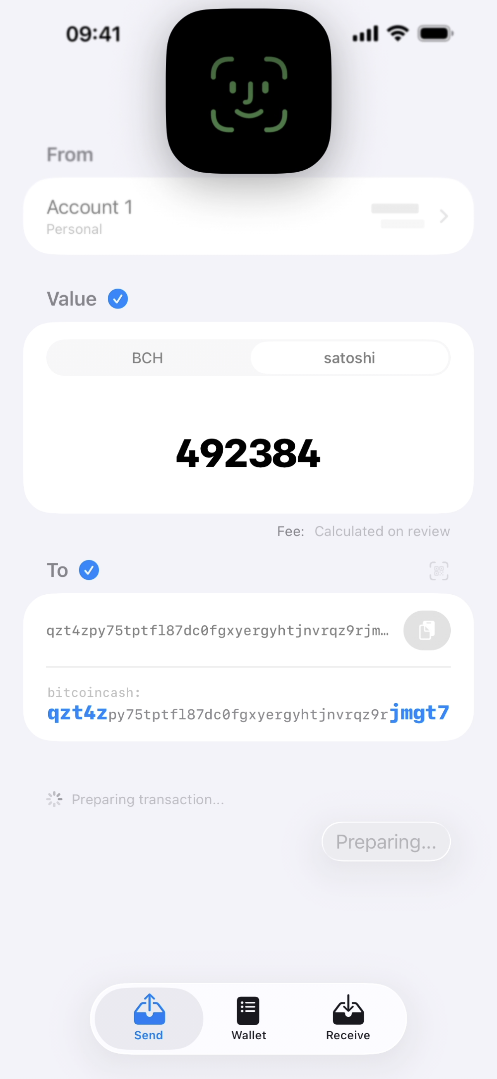 Opal Wallet send review with Face ID symbol on iPhone