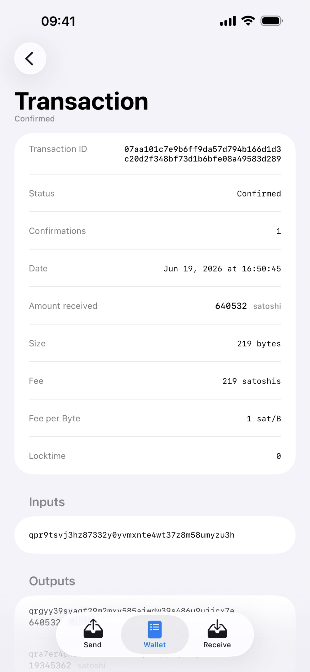 Opal Wallet newly confirmed transaction detail on iPhone