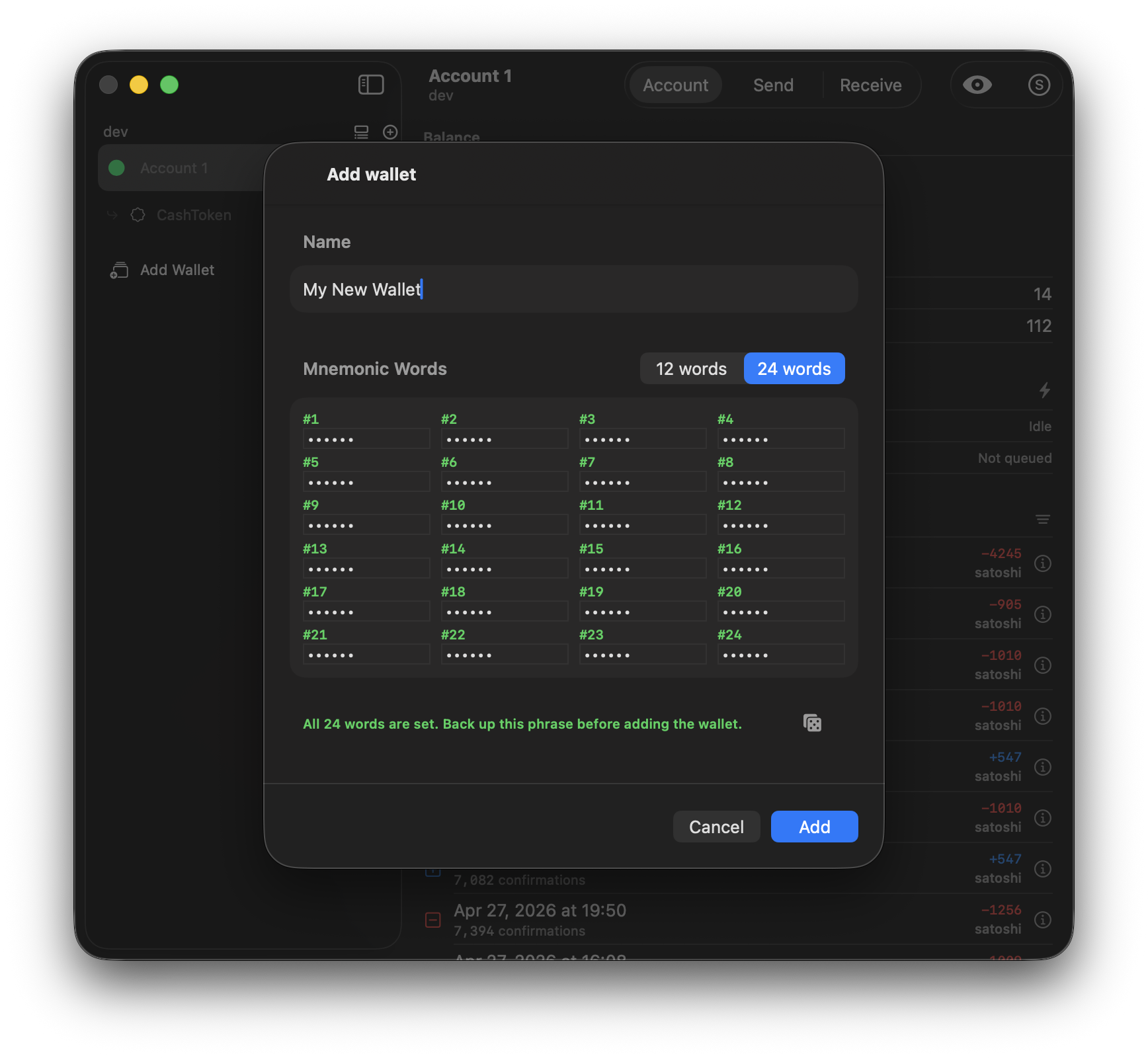Opal Wallet add wallet screen on Mac