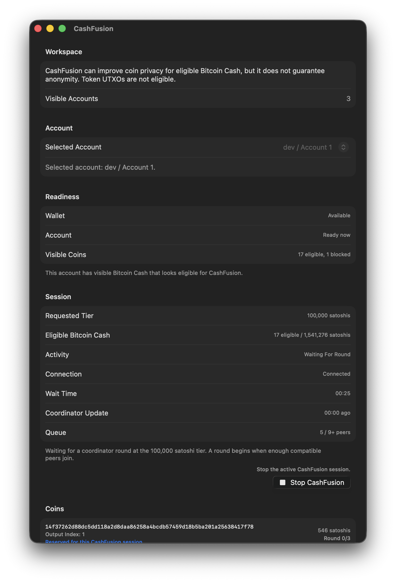 Opal Wallet CashFusion screen on Mac