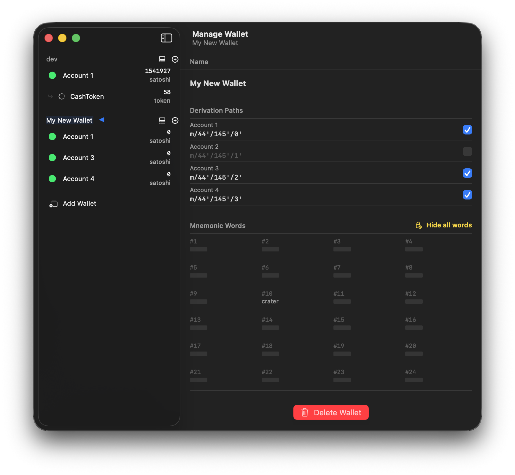 Opal Wallet manage wallet view on Mac