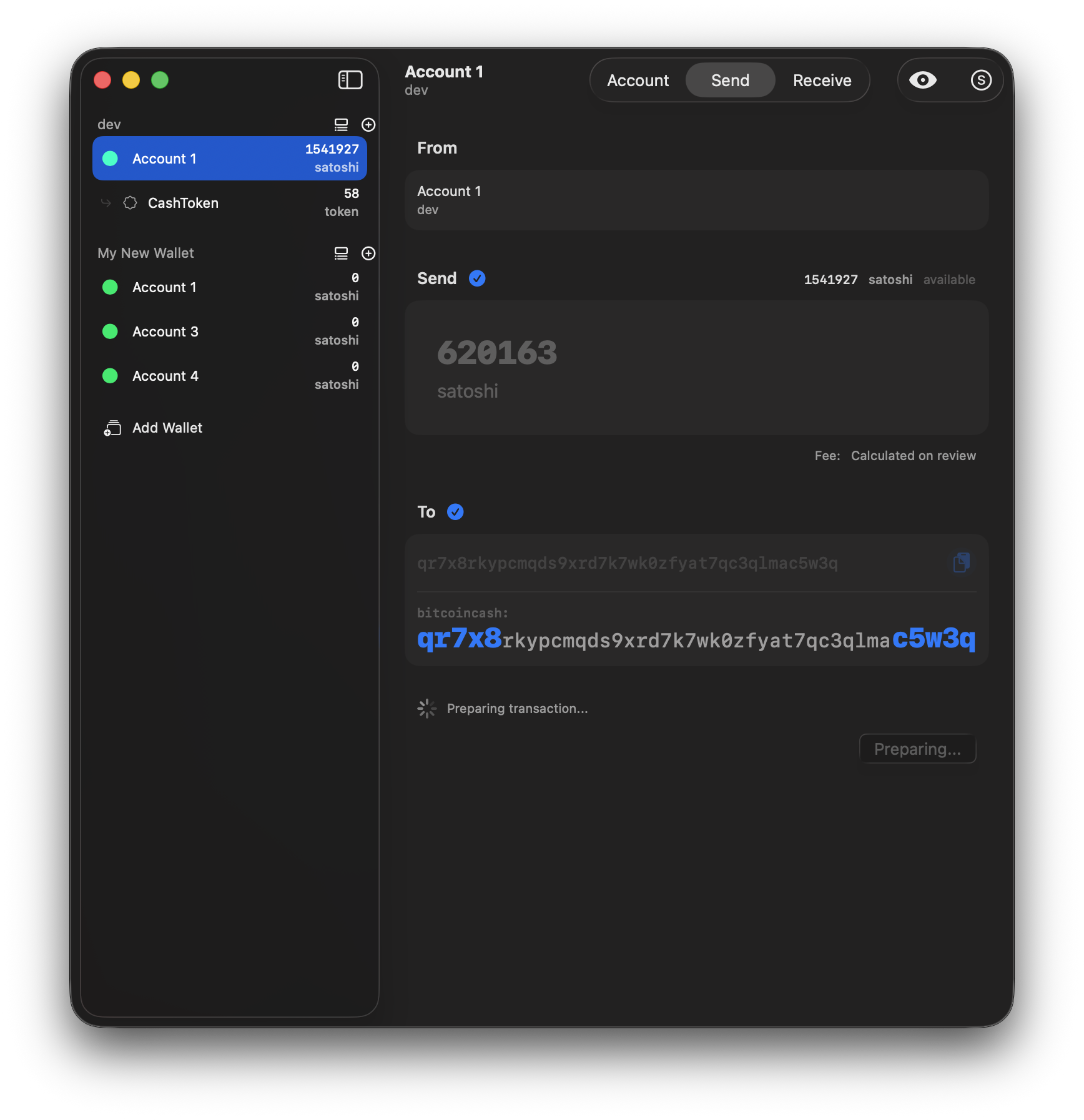 Opal Wallet send preparing state on Mac